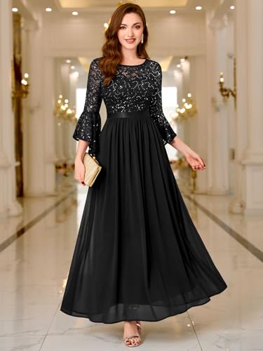 Image of Miusol Women's Formal Sparkle Sequin Lace Bell Sleeve Evening Party Maxi Dress