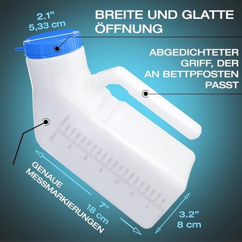 Urinflaschen für Männer mit im dunkeln leuchtender deckel (1er Pack) - 1000mL Herren Bettflasche aus dickem Plastik mit Schraubdeckel - Auslaufsichere Harnkammer - Tragbare Urinflaschen für Männer
