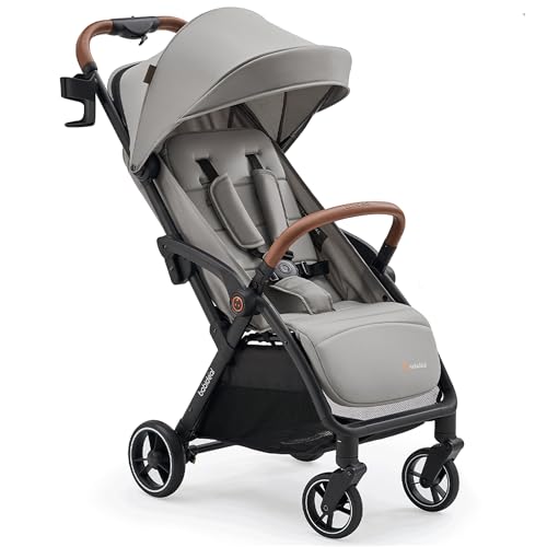 Babideal Lightweight Travel Stroller for Baby, Self-Folding Toddler Stroller with Large Canopy, Full-Reclining Seat, Cup Holder Included - Newborn to 50lbs. (Grey)