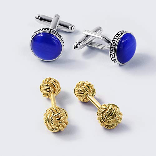 Bling Jewelry Geometric Ancient Fret Greek Key Pattern Edge Blue Simulated Sapphire Gemstone Round Dome Glass Shirt Cuff Links For Men Executive Bullet Hinge Back Silver Tone Stainless Steel #TOP3