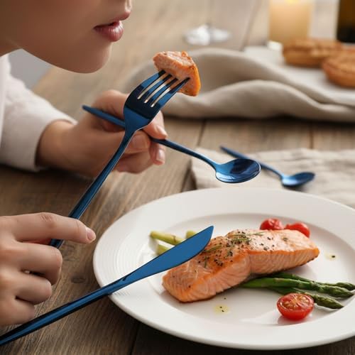 Image of 16 Pcs Blue Slim Handle Stainless Steel Cutlery Set for Dining Table with Spoons and Forks Set + Butterknives - The Perfect Tableware /Flatware