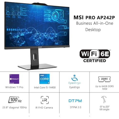Image of msi PRO AP242P Business All-in-One Desktop, 23.8 inch IPS FHD 100Hz Eye-Care Display, Intel Core i5-14400, 16GB DDR5, 512GB SSD, IR FHD Webcam, Wi-Fi 6E, HDMI, DP, Wireless KB & Mouse, Windows 11 Pro