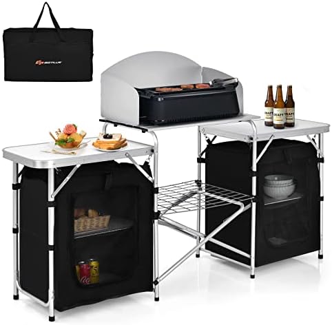 Goplus Folding Camping Kitchen Table with Storage, Aluminum Portable Outdoor Cooking Table with Windscreen, Foldable Camp Table Cook Station for BBQ, Grill, Party, Picnics, 68D x 19W x 43.5H in, Black