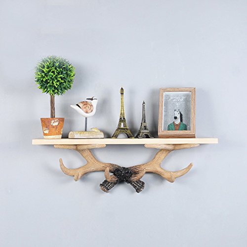 Vintage Cast Deer Antlers Hanging Wall Hooks (10 Hooks) With Floating Wall Resin Shelf Bathroom Storage For Hat Scarf Bag Key Clothes Kitchen Towel Holder Reindeer Hanger Wall Wedding Gift (Beige) #TOP1