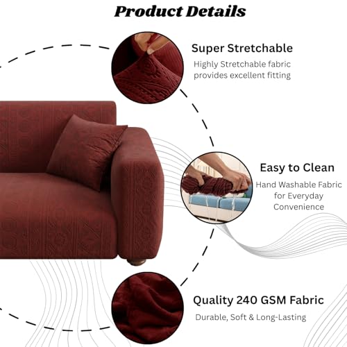 Image of Lukzer 4 Seater Pastel Deep Maroon Tribal Pattern Sofa Cover | 240 GSM Universal Stretch Fit Jacquard Fabric Couch Protector | Fully Covered Anti Slip & Washable Sofa Cover (230-300cm /SC-135-04)