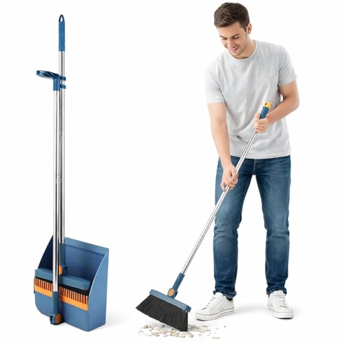 SKY-TOUCH Broom and Dustpan Set Foldable Dustpan Upright Broom for Home Office Kitchen Daliy Using Blue