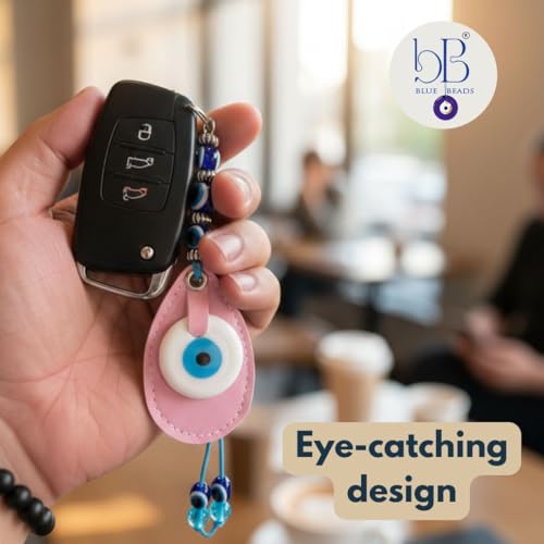 Image of BLUE BEADS Original Blue and White Evil Eye Stone With Pink colour Leather Keychain For Bike /Car Gifting With Key Ring (Pack of 1)