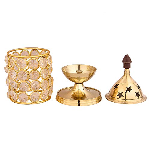 Shubhkart Akhand Diya Decorative Brass Crystal Oil Lamp Holder Lantern | Puja Lamp