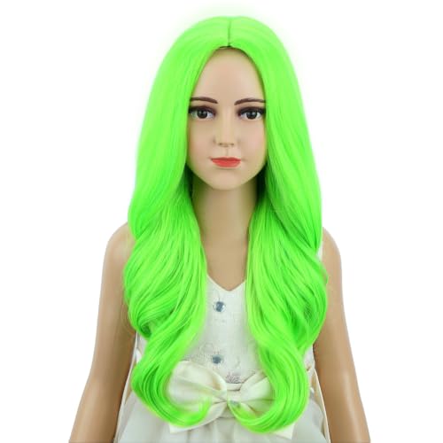 Image of Neon Green Wig for Kids Girls Long Green Ombre Middle Part Wig Children Light Green Wavy Curly Wig Heat Resistant Synthetic Wig with Wig Cap
