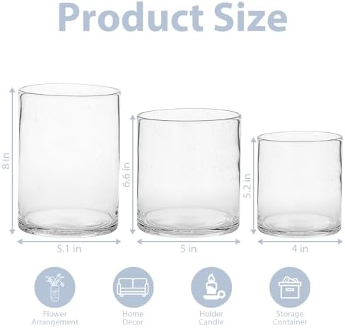 CHICERA Set of 3 Hand Blown Glass Hurricane Candle Holders, Clear Seeded Bubbles Cylinder Pillar Candle Vases in 5/7/8 Inch, Farmhouse Table Centerpieces for Living Dining Kitchen Island - 1
