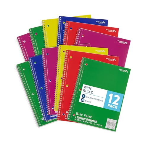 Blue Summit Wide Ruled Spiral Notebook, 1 Subject Spiral Notebook Wide Ruled, Paper School Notebooks Bulk, 12 Pack