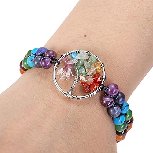 JOVIVI Tree of Life Chakra Crystal Bracelets,2pc 7 Chakras Amethyst Reiki Stones Healing Crystals Natural Gemstone Beads Meditation Bracelet for Women Men Gifts Christmas