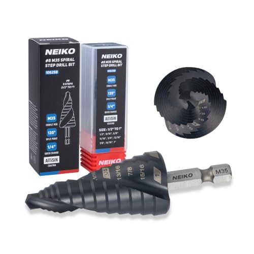Image of NEIKO 10625B Step Drill Bit, 9 Steps 1 /2 inch to 1 inch Spiral M35 Cobalt, AlTiSiN Coated, 1 /4 inch Quick Change Step Bits for Steel, Metal, Wood, Plastic, Unibit Cone Drill Bits, Two Flute