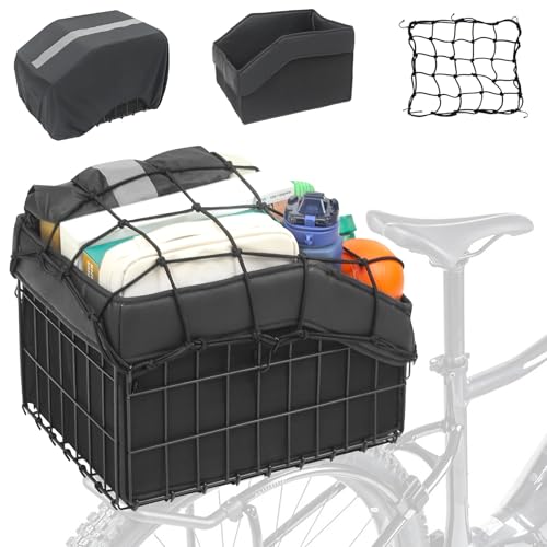 Cesta Trasera para Bicicleta, Cesta Trasera Bici Plegable con Bolsa Gruesa Impermeable, Red de Carga, Funda Impermeable, Cestas Bicicleta de Gran Capacidad, Cestas Bici para Trabajo y Viajes