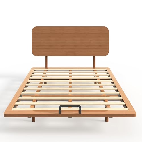 Image of Bellemave Queen Size Bamboo Bed Frame with Headboard,Bamboo Floating Platform Bed Frame Queen Size with Charging Station and Wood Slats,Easy Assembly,Warm Brown