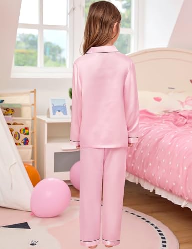 SWOMOG Girls Silk Pyjamas Long Sleeve Satin Kids Button-Down PJs Sets Cute Print Pink 14-15 Years - Image 5
