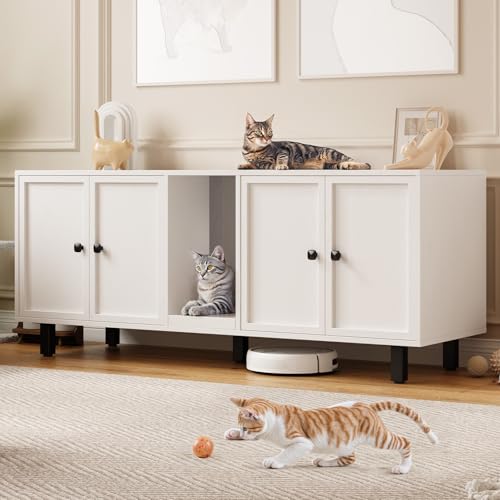Image of ONBRILL 59 Inches Cat Litter Box Enclosure for 2 Cats, Hidden Litter Boxes Furniture with Cat Scratch Pad, Large Indoor Pet House with Double Room, Wooden TV Stand Side Table, Off White
