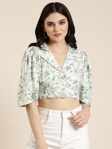 Image of SHOWOFFFF Women Printed Shirt Style Casual Top | Spread Collar 3 /4th Sleeves Crepe Top's for Womens | Regular Fit Crop Tops for Women's