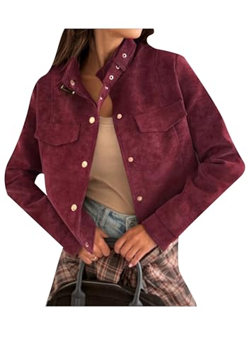 ZICUE Femmes Daim Manches Longues Vêtements Extérieurs Stand Col Coupé Veste Biker Bouton En Bas Automne Manteau Court Vin Rouge L