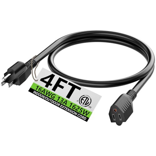 HUANCHAIN 4 FT 16 Gauge Black Indoor Outdoor Extension Cord Waterproof Flexible Cold Weather 3 Prong Electric Cord Outside 13A 1625W 125V 16AWG SJTW ETL Listed