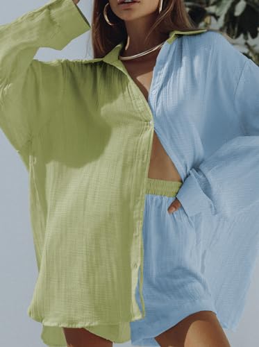 Image of Fixmatti Women 2 Piece Outfits Long Sleeve Button Down Blouse and Shorts Sweatsuit Sets