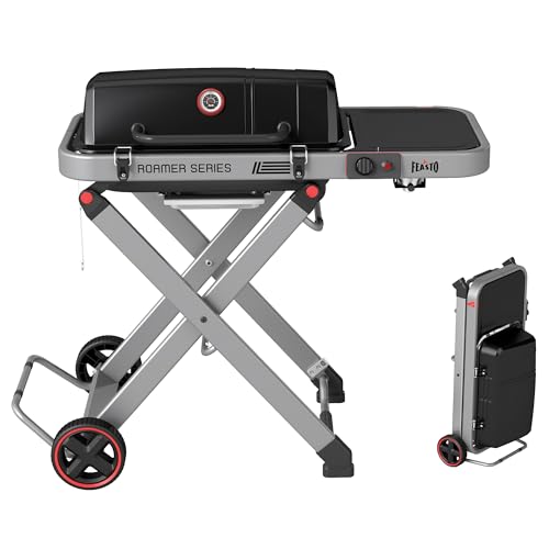 FEASTO Portable Propane Gas Grill with Folding Cart & 13000 BTU Burner, 360 SQ.IN. Cast Iron Cooking Grates, Side table, 8’’ Wheels, Stainless Grease Tray for Outdoor BBQ, Camping & Tailgating, Black