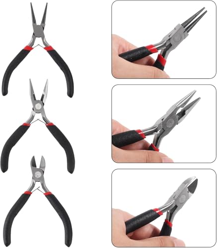 Image of Jewelry Making Pliers Set - 3-Piece Professional Tool Kit with Needle Nose, Chain Nose, Round Bent Pliers & Wire Cutter - Black Handle Jewelry Tools for DIY Craft & Beading