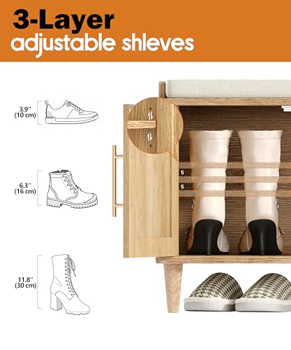 Akxomel Natural Rattan Shoe Storage Bench with Cushion, Entryway Shoe Cabinet Bench with 2 Doors, 15\"D x 47.2\"W x 20\"H, Wooden Shoe Organizer, Adjustable Shelf, Solid Wood Legs, for Hallway, Bedroom - Thumbnail 7