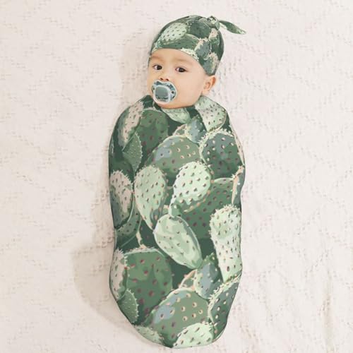 Image of Watercolor Cactus Newborn Swaddle Blankets Hat Sets Soft Baby Receiving Blanket Swaddle Sack for Baby Shower Infant Boy Girl Gift