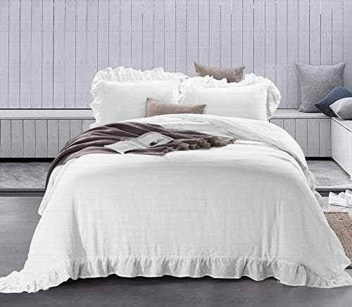 meadow park 100% Stone Washed French Linen Duvet Cover Set 3 Pieces - Super Soft, King Size 104 inches x 92 inches, Shams 20 inches x 36 inches, Ruffled Style - Button Closure - Corner Ties, White - Image 2