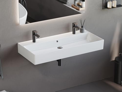 Aqua Bagno | Lavabo Doppio in Ceramica, Angolare, a Mano, 101 x 46 cm