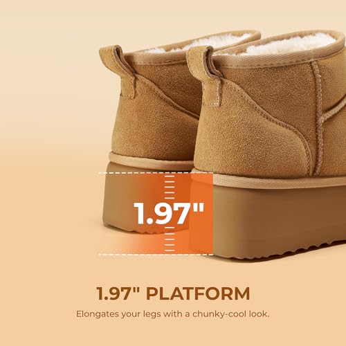 DREAM PAIRS Platform Mini Boots for Women Suede Genuine Leather, Classic Winter Ankle Snow Boots with Memory Foam Insole Lightweight Anti-Slip Outsole FuzzyClassic,Size 9,Chestnut,SDSB2427W