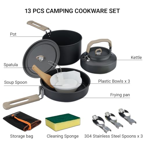ISFORU Camping Cookware Set 13PCS Non-Stick Camping Pots and Pans Cookware Set with Kettle Plastic Bowls and Utensils, Compact Cooking Kit for Hiking, Backpacking & Survival - Image 3