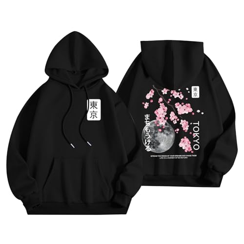 Sweat a Capuche Femme Imprimé Motif Japonais Au Dos et Avant Sweats à Capuche Femme Sport Décontracté Hoodie Oversize Sweatshirts Automne Hiver Pulls, Gilets et Sweats Manches Longues Pull Respirant