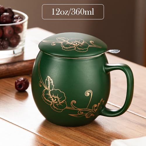 Image of Yundu 12 OZ Ceramic Mug with Lid & Tea Strainer - Matte Green Tea Cup with Golden Flower, Stainless Steel Infuser for Loose Leaf Tea