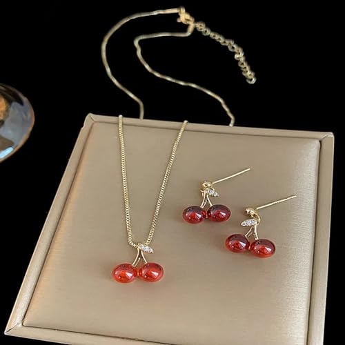 Juego de collar de cereza y aretes minimalistas de 3 piezas para mujer 4