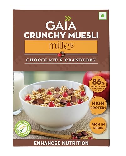 Image of Gaia Crunchy Millet Muesli Chocolate & Cranberry | High in Dietary Fibre | Low Sugar| Zero Trans-Fat | Zero Cholesterol | rich source of omega 3 fatty acids 400G