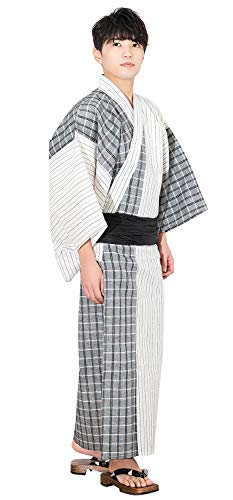 [KYOETSU] [キョウエツ] 浴衣セット R 切替 4点セット(浴衣、兵児帯、下駄、腰紐) メンズ (M, R-4チェック×細縞(兵児帯 黒))（Amazon）