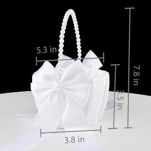 STAFUNI 2 PSC Wedding Flower Girl Basket, Pearl Handle Cute Flower Basket for Flower Girl, White - Thumbnail 4