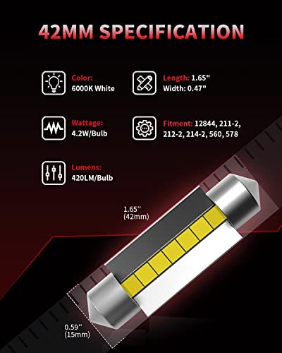 Image of LASFIT Super Bright 578 LED Bulb 42mm Festoon 211-2 212-2 214-2 560 12844 Canbus Error Free 1.65 inch Upgraded for Dome Map Door Interior Door Trunk Glove Box Vanity Mirror Lights Xenon White (4pcs)