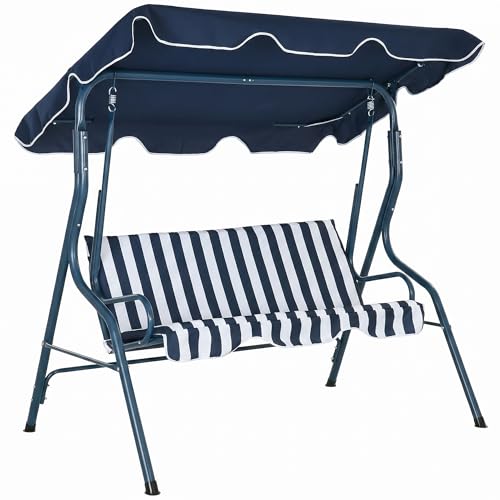 Outsunny Balancelle de Jardin 3 Places Toit imperméabilisé Inclinaison réglable Coussins Assise Dossier 1,7L x 1,1l x 1,53H m Acier Polyester Bleu Blanc...