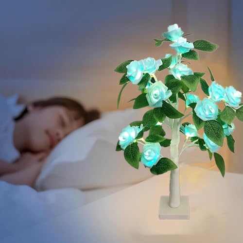 HFHungkeong Tabletop Rose Flower Tree Light,Mini Light up Bonsai Tree with Light Blue Rose Flower, Valentine Day Tree Lamp for Fireplace Bedroom Home Wedding Party Decor,21.6Inch