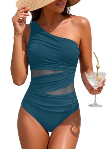 Image of Womens One Shoulder One Piece Swimsuit Mesh Ruched Tummy Control Swimwear | Full Coverage Bottom, Adjustable Strap Custom Fit, Removable Cups, Cutout Mesh Inserts, Slimming Ruched Effect, Vacation