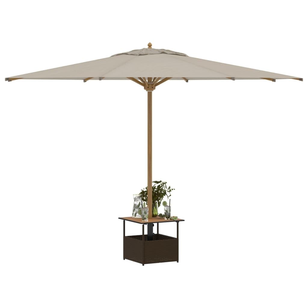 Tavolo da giardino con foro per ombrellone, marrone, 55 x 55 x 46,5 cm, in polyrattan, resistente ai raggi UV, telaio in acciaio verniciato a polvere, piano in legno di acacia, salvaspazio