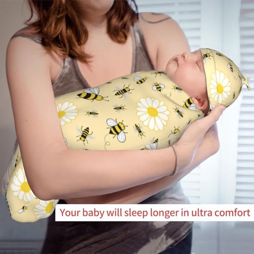 Image of Lcokin Cute Bee Baby Stuff Swaddle Blanket with Beanie Hat for Boys and Girls, Newborn Receiving Blanket Shower Gift