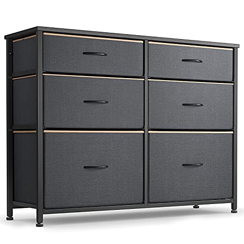 CubiCubi Dresser for Bedroom, Tall Wide Storage Organizer 6 Drawer Dresser for Bedroom Hallway, Sturdy Steel Frame Wood Top, Black Grey with Light Tan Edging