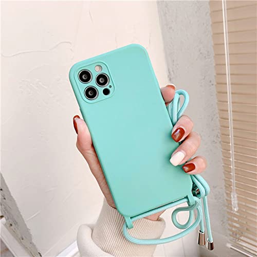 Coque iPhone 13 cordon bleu clair tour de cou et bandoulière silicone