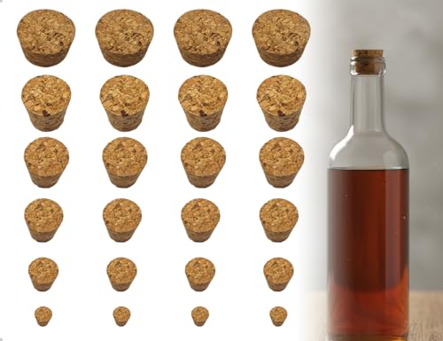 SWELMOOU 24 Tapones de Corcho de Madera Ideales como Tapones para Botellas de Uso Doméstico, Vino, Cerveza, Miel, Mermelada, Manualidades y Decoración de Fiestas (6 Tamaños, Cónicos)