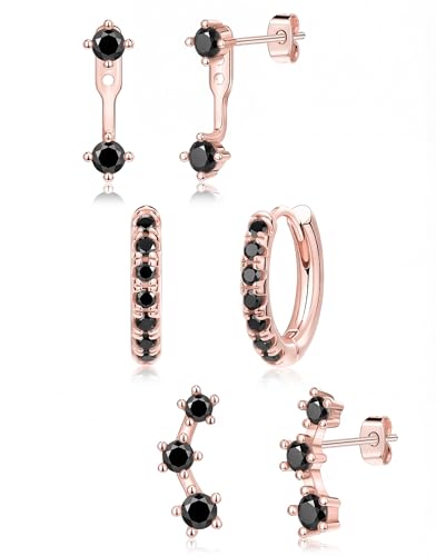 Rose Gold Black Earrings for Women, Rose Gold Stud Huggie Hoop Jacket Earring Set for Multiple Piercing, Trendy Jewelry Gifts