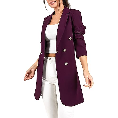 Generisch Traje de negocios para mujer, color sólido, cuello en V, manga larga, doble botonadura, longitud media, adecuado para el viaje diario al trabajo, traje, abrigo casual de tiempo para mujer,